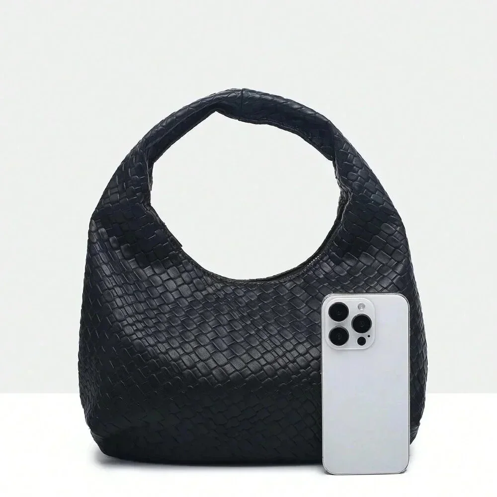 Black Casual Women's Leisure Faux Woven Leather Shoulder Bag